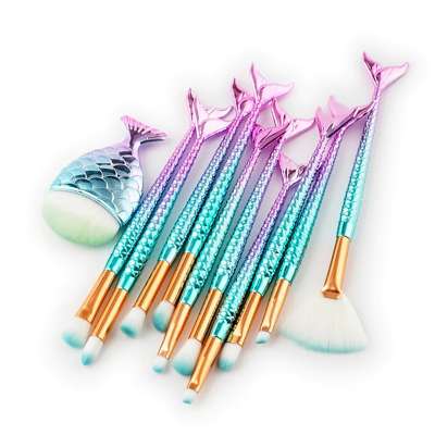 MOQ:30set CUSTOM LOGO  BUEART 11pcs   Dinglehopper Mermaid makeup brush Rainbow Foundation Makeup Brush brocha de maquillaje